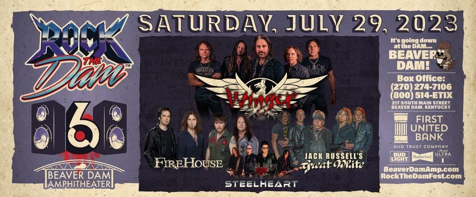 Rock The Dam 6: Winger, Firehouse, Steelheart & Jack Russell's Great White at Beaver Dam Amphitheater tickets Rock The Dam 6: Winger, Firehouse, Steelheart & Jack Russell's Great White at Beaver Dam Amphitheater